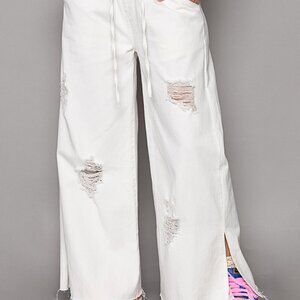 POL Distressed Drawstring Slit Wide leg Pants